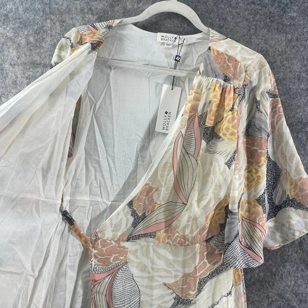 Molly Bracken Maxi Dress Medium Pink Lotus Floral Print Wrap Short Sleeve NWT - Picture 7 of 13